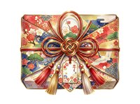 Ornate gift box with decorative red and gold ribbon bow, featuring floral patterns and vintage botanical illustrations, isolated on white background for holiday packaging design.