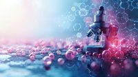 Modern microscope surrounded by molecular structures and pink spherical particles in dreamy scientific composition perfect for medical research and biotechnology concepts.