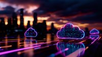 Futuristic glowing neon cloud computing symbols floating over city skyline silhouette at dramatic sunset with purple and orange sky, digital transformation concept.