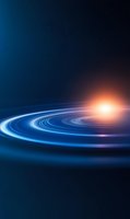 Glowing blue spiral light trails curve through dark space with bright orange sunburst, creating dynamic motion effect for technology and innovation concepts.