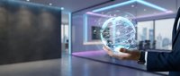 Businessman holding glowing digital globe with network connections in modern office space, representing global business, technology innovation, and international corporate communication.