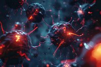 Microscopic virus particles glowing with red and orange bioluminescence against dark background, scientific visualization showing detailed viral structure and spikes.