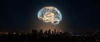Digital brain hologram floating above city skyline at night with glowing neural networks and urban lights creating futuristic artificial intelligence concept.