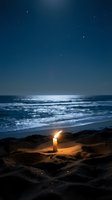 Romantic candle glowing on sandy beach at night with ocean waves under starry sky creating peaceful meditation atmosphere for relaxation and tranquility.