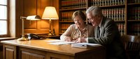 Senior Caucasian male lawyer and middle-aged female client reviewing legal documents together in traditional law office with wooden bookshelves and warm lighting.