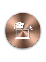 Copper metallic button with white online education icons featuring graduation cap and laptop with wifi signal for digital learning platforms.