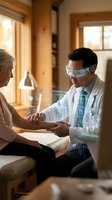 Doctor examining elderly patient with futuristic holographic medical interface technology in modern clinic consultation room.