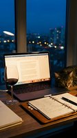 Cozy evening home workspace with laptop, red wine, open notebook, and sleeping cat by city lights window at night.