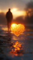 Glowing golden heart shape against sunset with silhouette of person standing in distance, creating romantic atmosphere on reflective wet surface.