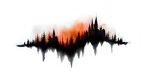 Dramatic silhouette of castle and forest skyline reflected in water with orange sunset sky, creating atmospheric soundwave shape. Artistic watercolor style on white background.