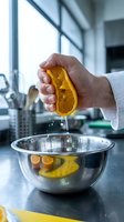 Hand squeezing fresh orange slice over stainless steel bowl in bright kitchen. Juice dripping from citrus fruit. Cooking, food preparation, healthy beverage making.