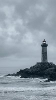 Dramatic lighthouse standing on rocky coastline under stormy gray clouds with ocean waves crashing against stones creating moody seascape atmosphere.