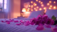 Romantic purple roses and scattered petals on white bedding with soft bokeh lights creating intimate atmosphere for Valentine's day or anniversary celebration.