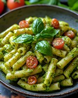 Penne pasta with fresh basil pesto sauce, cherry tomatoes and green basil leaves served in rustic ceramic bowl. Fresh homemade Italian cuisine.