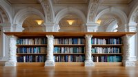 Classical library interior with ornate white columns and arches framing built-in wooden bookshelves filled with blue and turquoise books, illuminated by warm ceiling lights.