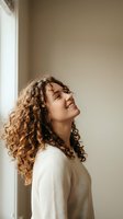 Young Caucasian woman with curly hair smiling joyfully by a window in warm natural light, wearing a cozy cream sweater, radiating positivity.