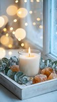 Cozy candle arrangement with eucalyptus leaves and amber crystals on wooden tray by window with warm bokeh lights creating peaceful home atmosphere.