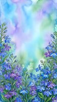 Watercolor floral border with blue and purple wildflowers on a soft teal and lavender background, copy space for text or design.