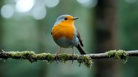 European robin perched on mossy branch against soft bokeh background, orange breast feathers and gray plumage visible in detailed nature photography.