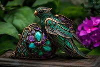 Ornate vintage style brooch featuring metallic bird and heart with turquoise and purple gemstones against natural green foliage background, jewelry photography.