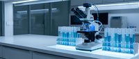 Modern laboratory microscope with blue test tubes on white counter in sterile research facility for scientific analysis and medical testing procedures.