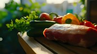 Fresh raw meat fillet with colorful vegetables and herbs on wooden cutting board in natural sunlight, moody kitchen atmosphere with selective focus.