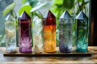 Colorful healing crystal points collection arranged on wooden stand against natural green background, featuring amethyst, citrine, fluorite and quartz specimens.