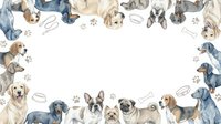 Adorable dog breeds border frame with paw prints and collars on white background, perfect for pet-related designs and veterinary materials.
