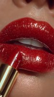Close-up of glossy red lips with lipstick applicator, showcasing vibrant color and shine for cosmetic advertising and beauty campaigns.