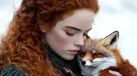 Young redhead woman with curly hair gently holding red fox in winter scene. Peaceful moment between human and wild animal showcasing connection with nature.