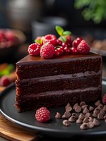 Slice of rich chocolate layer cake with dark ganache filling, topped with fresh raspberries and mint leaves, served on black plate with chocolate chips.