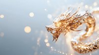 Golden dragon sculpture with intricate details against blurred bokeh background, mystical oriental art piece showcasing traditional Asian mythology and craftsmanship.