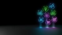 Digital marketing neon icons glowing on dark background with colorful light effects for business presentations and technology concepts.