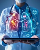 Medical professional examining digital hologram of human lungs with innovative technology interface showing respiratory system analysis and diagnostic data.