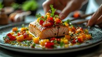 Grilled salmon fillet garnished with cherry tomatoes, mango salsa and fresh herbs on dark plate, close up view with hands serving gourmet meal.