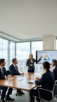 Professional blonde businesswoman presenting strategy to corporate team in modern conference room with city skyline view during executive meeting.