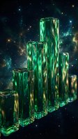 Stacked emerald green glass prisms with luminous glow against cosmic starfield backdrop, ideal for luxury branding and futuristic design projects.
