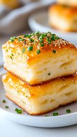 Golden flaky pastry squares with herbs and sesame seeds stacked on white plate, homemade savory baked goods for breakfast or appetizer menu design.