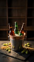 Three craft beer bottles chilled in metal bucket with ice, surrounded by fresh hops and wheat on rustic wooden table for brewery marketing and pub advertising.