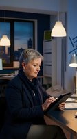Senior woman working late at office desk with tablet, city skyline visible through windows at dusk, modern workspace with pendant lighting for business, technology, and professional concepts.
