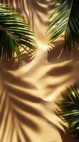 Tropical palm leaves casting shadows on golden sand background, creating natural summer pattern for resort marketing and lifestyle designs.