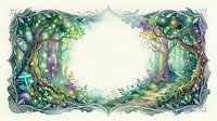 Enchanted forest frame with mystical trees, magical foliage and ethereal light creating whimsical woodland border for fairy tale designs and fantasy artwork.