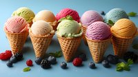 Colorful ice cream scoops in waffle cones arranged in row with fresh berries and mint leaves on blue background, summer dessert concept for menu design.