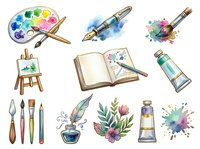 Artist supplies collection with watercolor palette, brushes, paint tubes, easel, open sketchbook, feather quill in ink bottle, and floral botanical elements isolated on white background, ready for design projects, educational materials, and creative artwork illustrations.