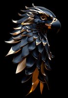 Stylized eagle head with metallic navy blue and gold feathers on black background, featuring layered plumage detail and dramatic side profile composition.