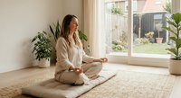 Young woman practicing meditation in bright modern living room with plants and natural light streaming through large windows.