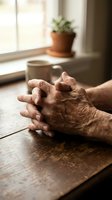 Elderly hands clasped together on a rustic wooden table by a window, evoking calm, reflection, and the passage of time.
