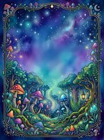 Enchanted forest scene with glowing mushrooms, magical plants, and starry night sky with ornate decorative border frame, suitable for fantasy artwork and children's book illustrations.