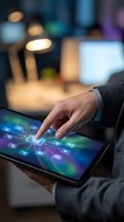 Businessman in dark suit touching tablet with glowing digital app icons, modern office workspace with blurred lights background, technology and business concept.