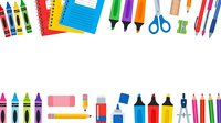 School supplies and stationery tools arranged on white background. Markers, highlighters, notebooks, scissors, clips, and pens for education, office work, and creative projects.